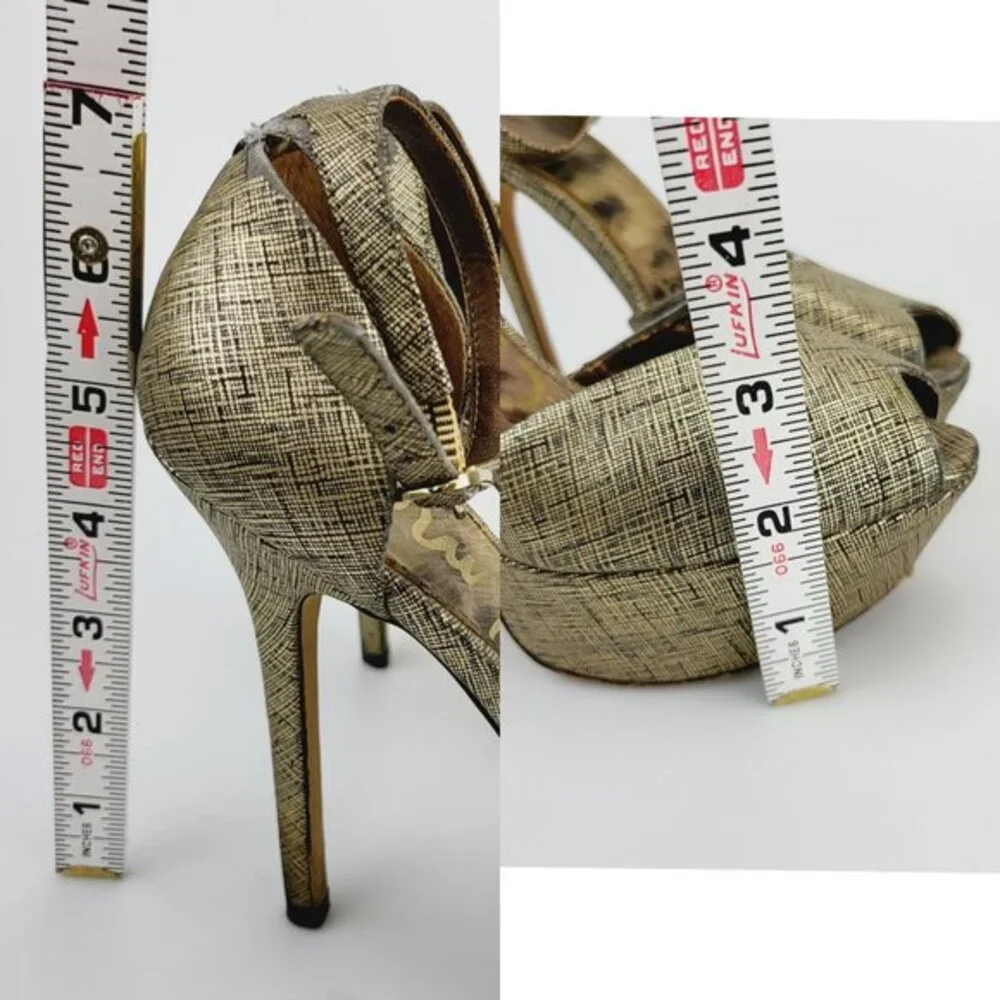 Y2K Platform Heels Sam Edelman Sandals 6 Gold Glam Crosshatch‎ Peep Toe Stiletto